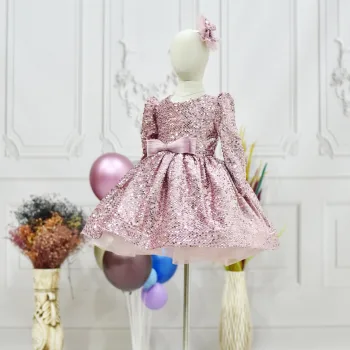 Kız Çocuk Pudra Payetli Tüy Detaylı Uzun Kol Bisiklet Yaka Grenli Kabarık Elbise