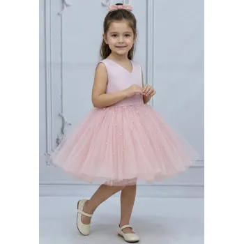 Kız Çocuk Pudra Saten V Yaka İncili Kabarık Elbise