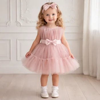 Kız Çocuk Pudra Şeffaf Üst Ön Fiyonk Detaylı Kemerli Kabarık