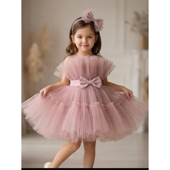 Kız Çocuk Pudra Şeffaf Üst Tül Detaylı Kemerli Kabarık Elbise