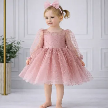 Kız Çocuk Pudra Şeffaf Üstlü Flok Tüllü Kabarık Elbise