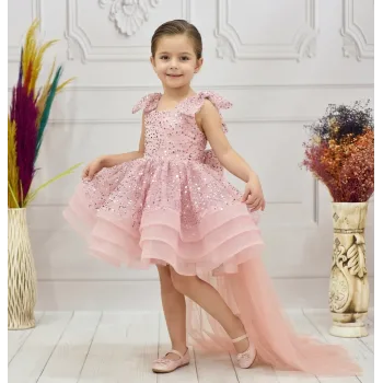 Kız Çocuk Pudra Taşlı Boncuklu Kuyruklu Kısa Kol Elbise Abiye