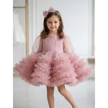 Kız Çocuk Pudra Yaka İşlemeli Fiyonklu Etek Fırfırlı Kabarık Elbise