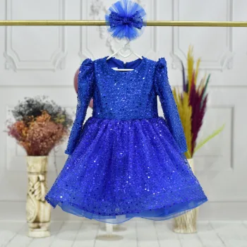 Kız Çocuk Saks Mavisi Boncuklu Payetli Kabarık Elbise Uzun Kol