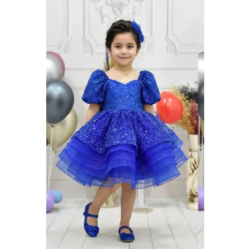 Kız Çocuk Saks Mavisi Boncuklu Payetli Kalp Detaylı Kabarık Elbise