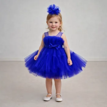 Kız Çocuk Saks Mavisi Şeffaf Üst Ön Fiyonk Detaylı Kemerli Kabarık