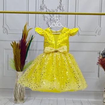 Kız Çocuk Sarı Boncuklu Payetli Ay Kol Kabarık Elbise Gelinlik Abiye