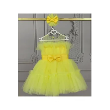 Kız Çocuk Sarı Şeffaf Üst Ön Fiyonk Detaylı Kemerli Kabarık