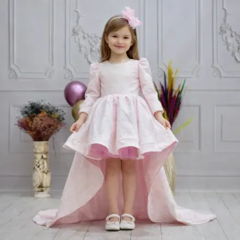 Kız Çocuk Şeker Pembesi Desenli Kumaş Kuyruklu Elbise