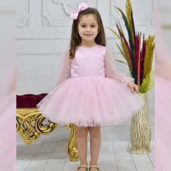 Kız Çocuk Şeker Pembesi İncili Uzun Kol Kabarık Elbise
