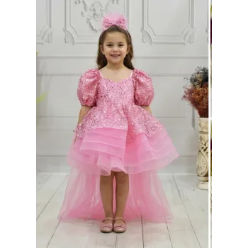 Kız Çocuk Şeker Pembesi Kuyruklu Boncuklu Payetli Uzun Kol Kabarık Elbise