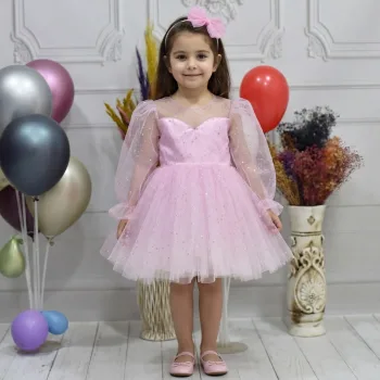 Kız Çocuk Şeker Pembesi Şeffaf Üstlü Flok Tüllü Kabarık Elbise