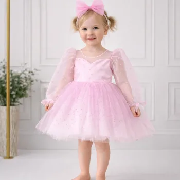 Kız Çocuk Şeker Pembesi Şeffaf Üstlü Flok Tüllü Kabarık Elbise