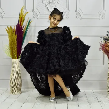 Kız Çocuk Siyah Gül 3D Kabarık Elbise Abiye Gelinlik