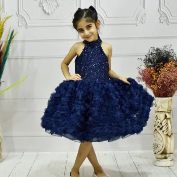 Kız Çocuk Lacivert Boğaz Detaylı Kabarık Elbise Abiye Gelinlik