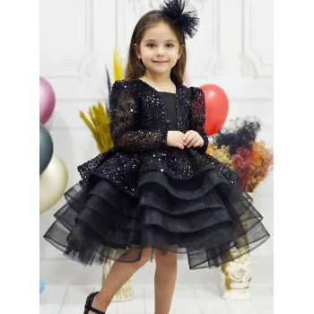 Kız Çocuk Siyah Boncuklu Payetli Dekolteli işleme Uzun Kol Kabarık Parıltılı Elbise