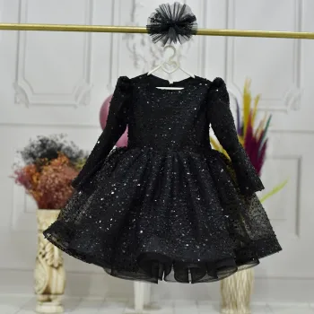 Kız Çocuk Siyah Boncuklu Payetli Kabarık Elbise