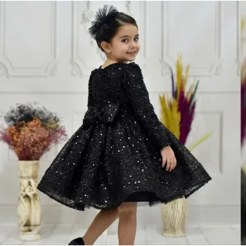 Kız Çocuk Siyah Boncuklu Payetli Uzun Kol Kabarık Elbise