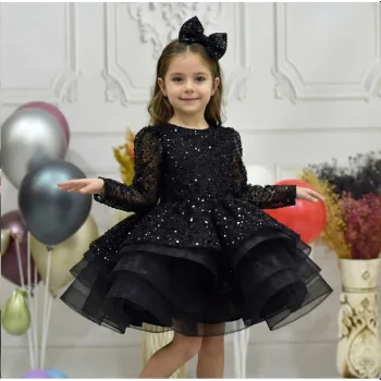 Kız Çocuk Siyah Boncuklu Payetli Kabarık Elbise