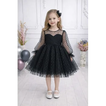 Kız Çocuk Siyah Flok Tül Kalp Detaylı Kabarık Elbise