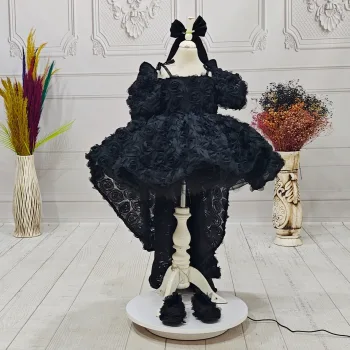 Siyah Güllü 3D Abiye Gelinlik +Kelebek Elbise