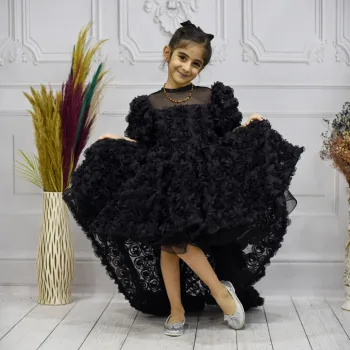 Kız Çocuk Siyah Gül 3D Kabarık Elbise Abiye Gelinlik
