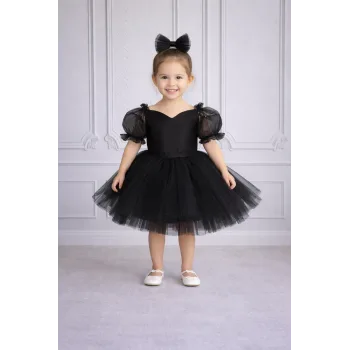 Kız Çocuk Siyah Kalp Detaylı Kısa Balon Kol Kabarık Elbise