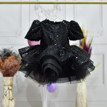 Kız Çocuk Siyah Kısa Balon Kol Taşlı Boncuklu Elbise