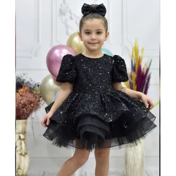 Kız Çocuk Siyah Kısa Balon Kol Taşlı Boncuklu Elbise