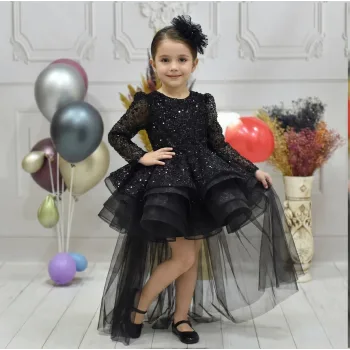 Kız Çocuk Siyah Kuyruklu Uzun Kol  Boncuklu Payetli Kabarık Elbise