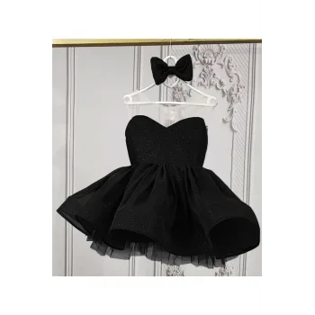 Kız Çocuk Siyah Parıltılı Kalp Detaylı Şeffaf Sıfır Kol Kabarık Abiye Elbise