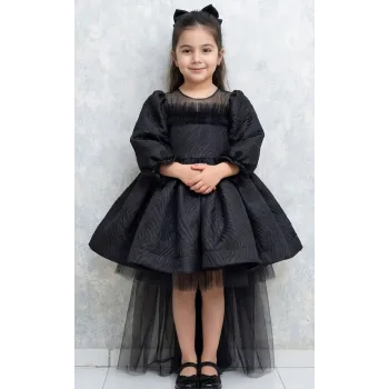 Kız Çocuk Siyah Parıltılı Kuyruklu Balon Kol Kabarık Elbise