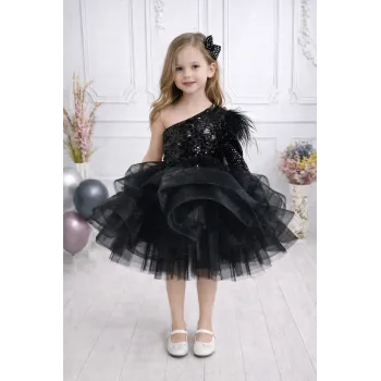Kız Çocuk Siyah Parla Payetli Tek Omuz Kabarık Parıltılı Elbise