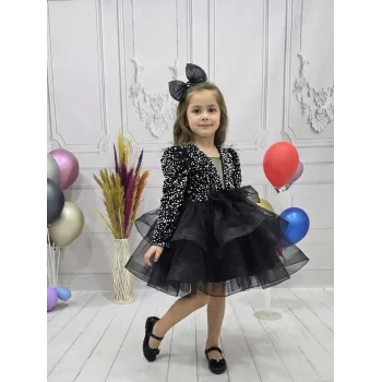 Kız Çocuk Siyah Payetli Dekolteli Uzun Kol Gren Etekli Kabarık Elbise