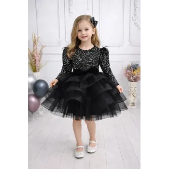 Kız Çocuk Siyah Payetli Kabarık Elbise