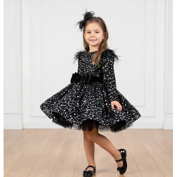 Kız Çocuk Siyah Pul Payetli Tüy Detaylı Uzun Kol Bisiklet Yaka Grenli Kabarık Elbise