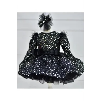 Kız Çocuk Siyah Pul Payetli Tüy Detaylı Uzun Kol Bisiklet Yaka Grenli Kabarık Elbise