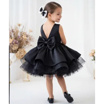 Kız Çocuk Siyah Sıfır Kol Bisiklet Yaka Arkası Kurdele Detaylı Gren Etekli Elbise