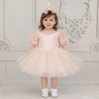 Kız Çocuk Somon Kalp Detaylı Kısa Balon Kol Kabarık Elbise