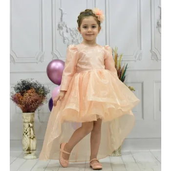 Kız Çocuk Somon Organze Kuyruklu Kabarık Elbise