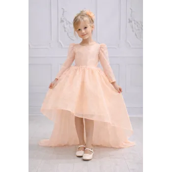Kız Çocuk Somon Organze Kuyruklu Kabarık Elbise