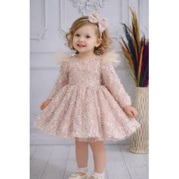 Kız Çocuk Somon Pullu Pamuklu Kol Tül Tüy Detaylı Kabarık Elbise