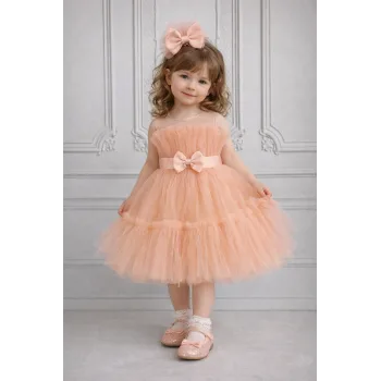 Kız Çocuk Somon Şeffaf Üst Ön Fiyonk Detaylı Kemerli Kabarık