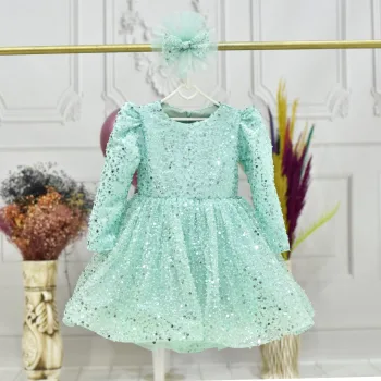 Kız Çocuk Su Yeşili Boncuklu Payetli Kabarık Elbise