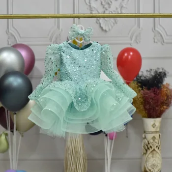 Kız Çocuk Su yeşili Boncuklu Payetli Uzun Kol Kabarık Elbise