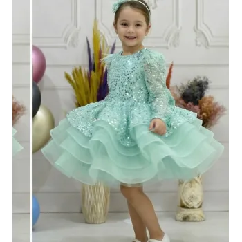 Kız Çocuk Su Yeşili Boncuklu Payetli Omuz Tül Detaylı Kabarık Elbise