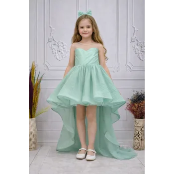 Kız Çocuk Su Yeşili Dalgalı Parıltılı Kuyruklu Elbise Abiye