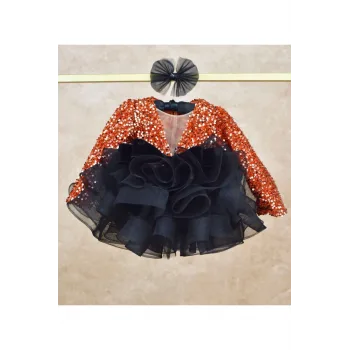 Tarçın Payetli Kadife Ekstra Kabarık Önden Üçgen Dekolteli Elbise