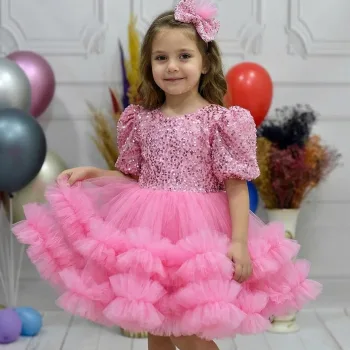 Kız Çocuk Taşlı Boncuklu Pembe Eteği Büzgülü Kabarık Elbise