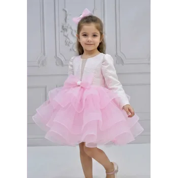 Kız Çocuk Üst Dokuma Kumaş Ön Dekolte Detaylı Şeker Pembesi Grenli Kabarık Elbise